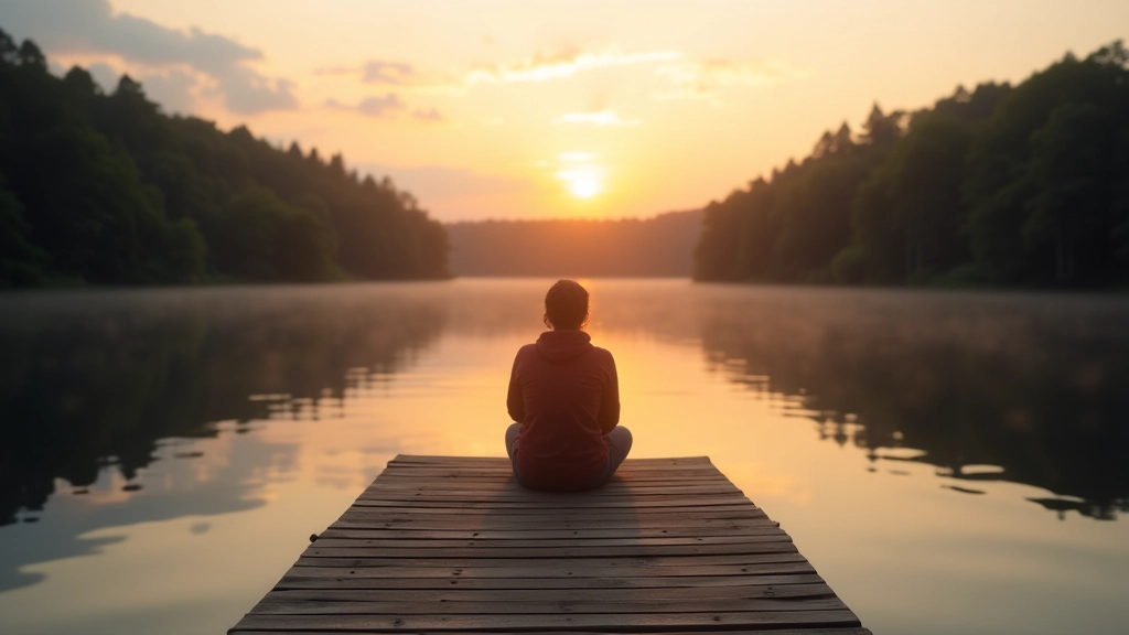 Person sitting by lake during sunset