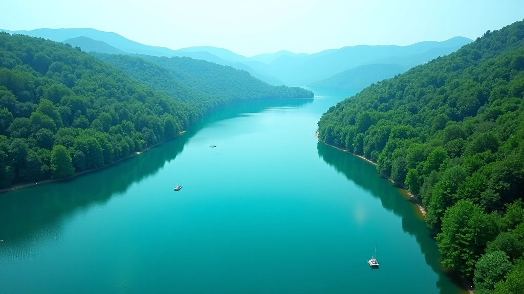 Aerial view of large turquoise-blue reservoir surrounded by forested hillsides, small boats dotting the water, winding shoreline
