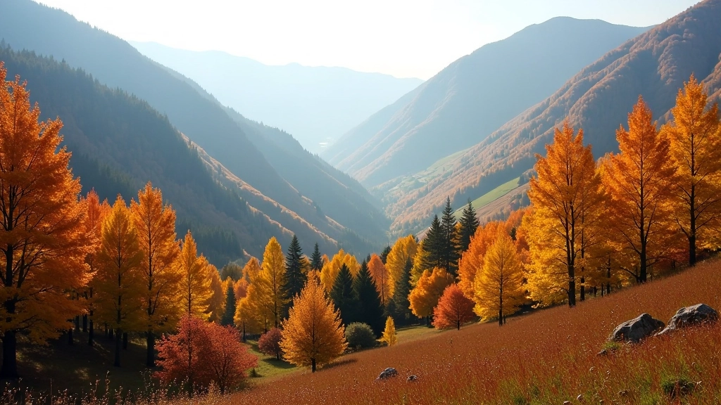 Autumn landscape in Šumava showing golden beech forest with fall colors and misty valleys