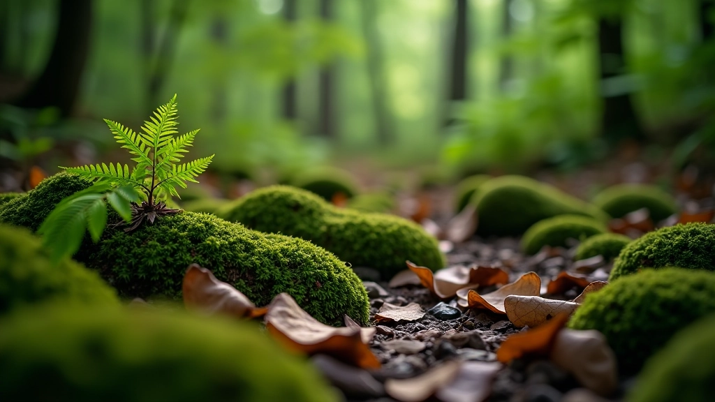Close-up of forest floor with moss-covered rocks and fallen leaves in natural lighting