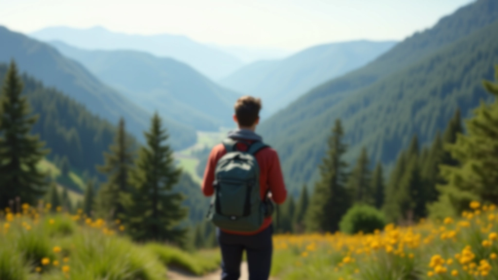 Hiker with backpack standing on mountain trail overlooking Šumava valley landscape