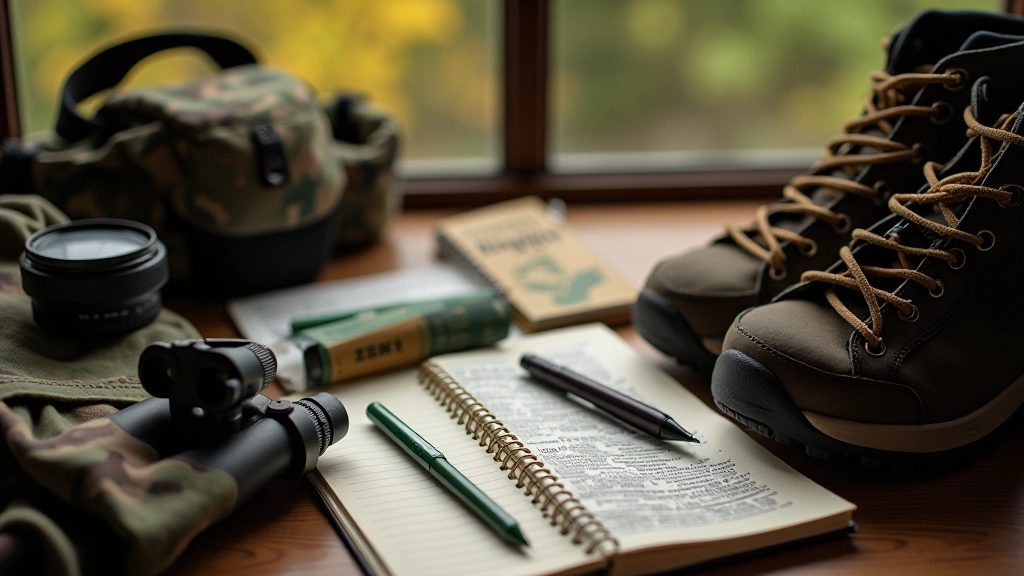 Laid out hiking gear including binoculars, field guide book, notebook, camouflage clothing folded, brown hiking boots on wooden table