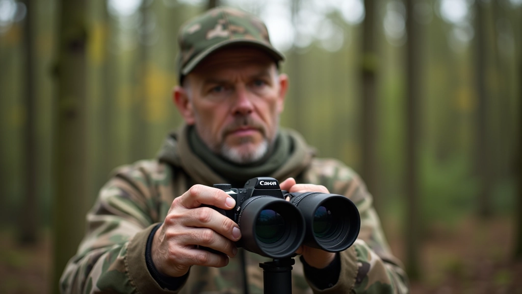 Professional wildlife observer with binoculars in dense forest clearing, camouflaged clothing, focused observation posture