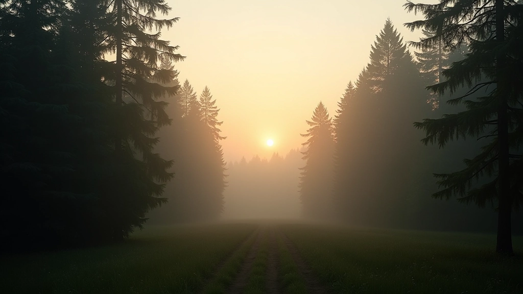 Dense green forest with sunlight filtering through tall trees, misty morning atmosphere in Šumava mountains