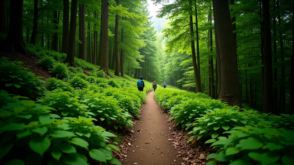 Mountain trail winding through Šumava forest with hikers visible on distant path
