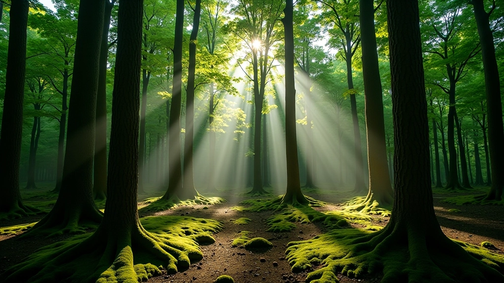 Sunlight streaming through ancient forest canopy creating natural light patterns on forest floor