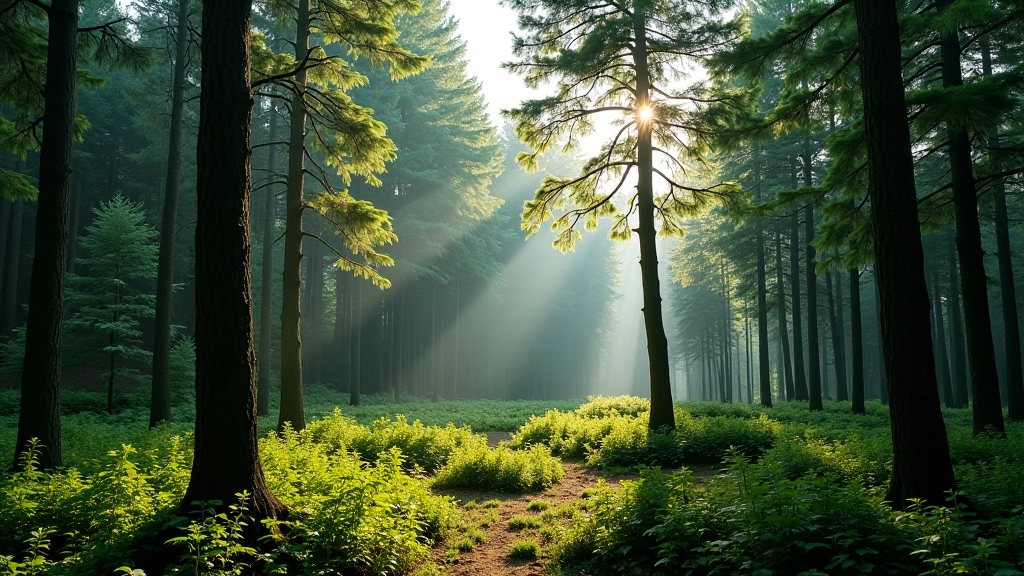 Mixed coniferous and deciduous forest canopy with sunlight filtering through branches, dense woodland habitat