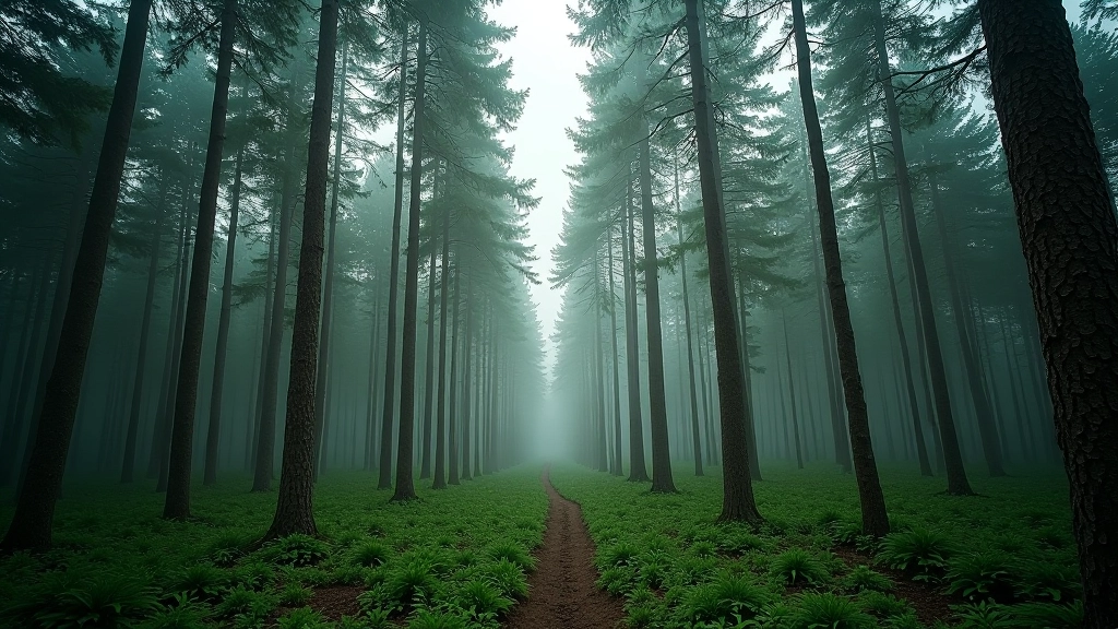 Ancient spruce forest in Šumava with towering trees and dappled sunlight through canopy