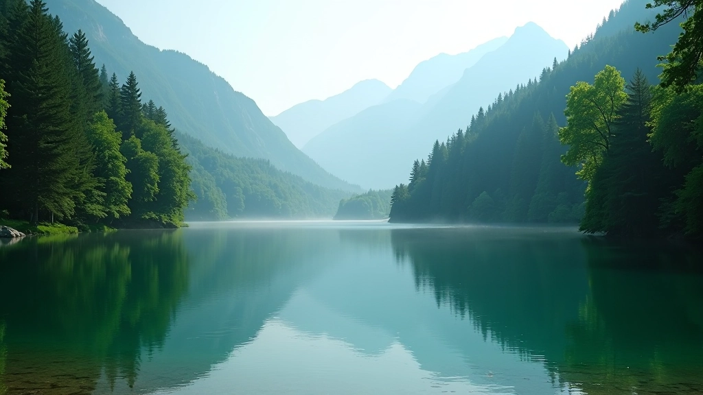 Serene lake surrounded by forest trees reflected in still water, early morning calm