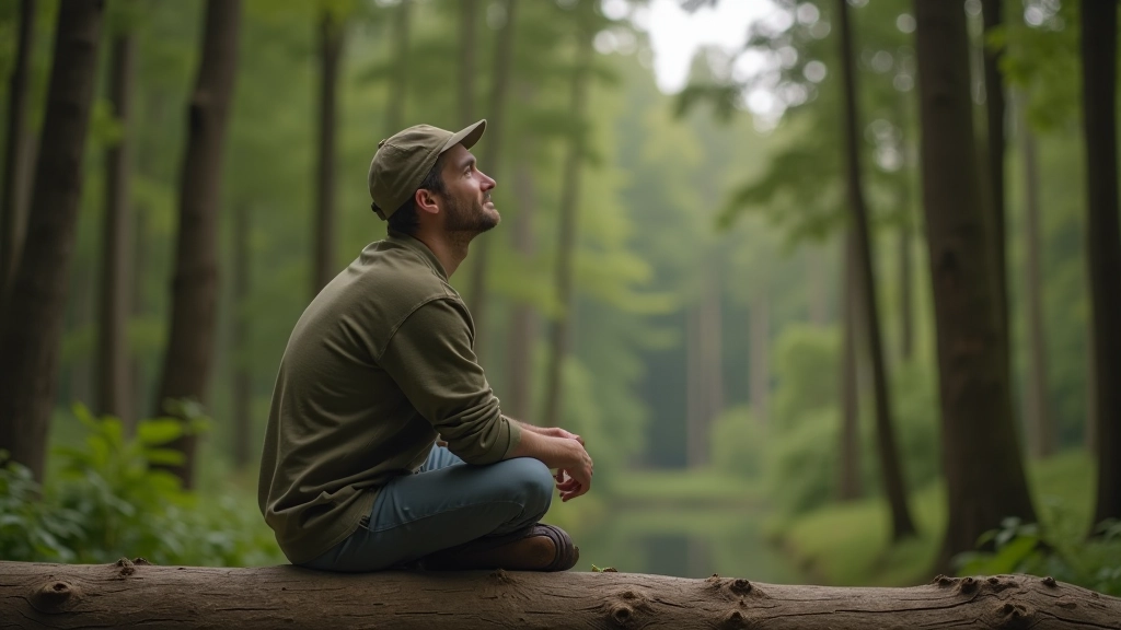 Person sitting peacefully on a forest log, surrounded by tall trees and green vegetation