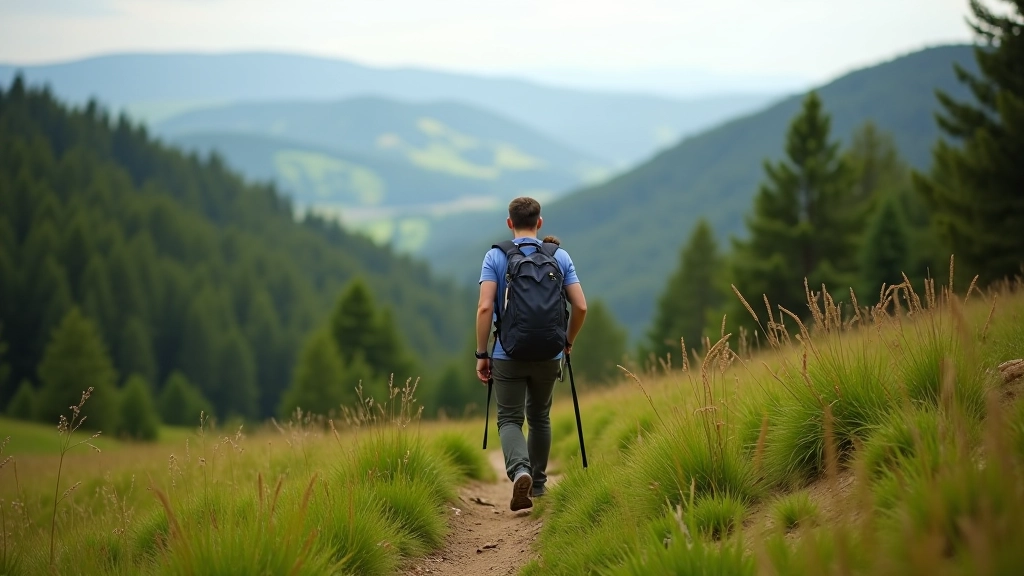 Visitor exploring scenic hiking trail through Czech countryside with green valleys and forests