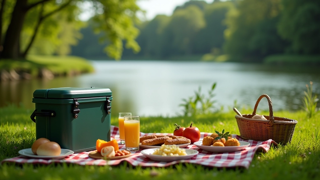 Cooler packed with drinks and food, picnic basket, blanket spread on grass beside lake, ready for picnic setup