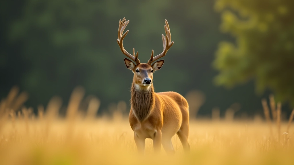 Red deer stag with antlers standing alert in natural grassland with forest treeline background, natural behavior, daytime
