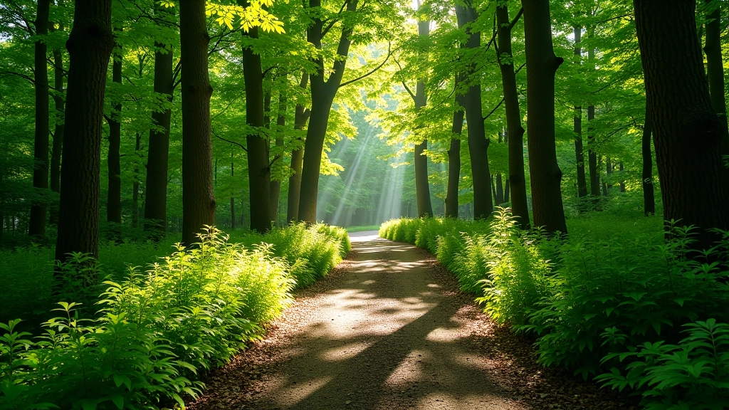 Peaceful forest trail surrounded by lush green trees and dappled sunlight