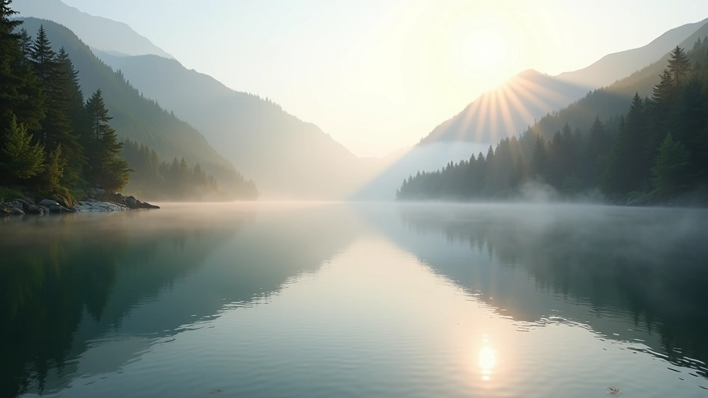 Peaceful mountain lake with forest reflection at sunrise in Czech countryside