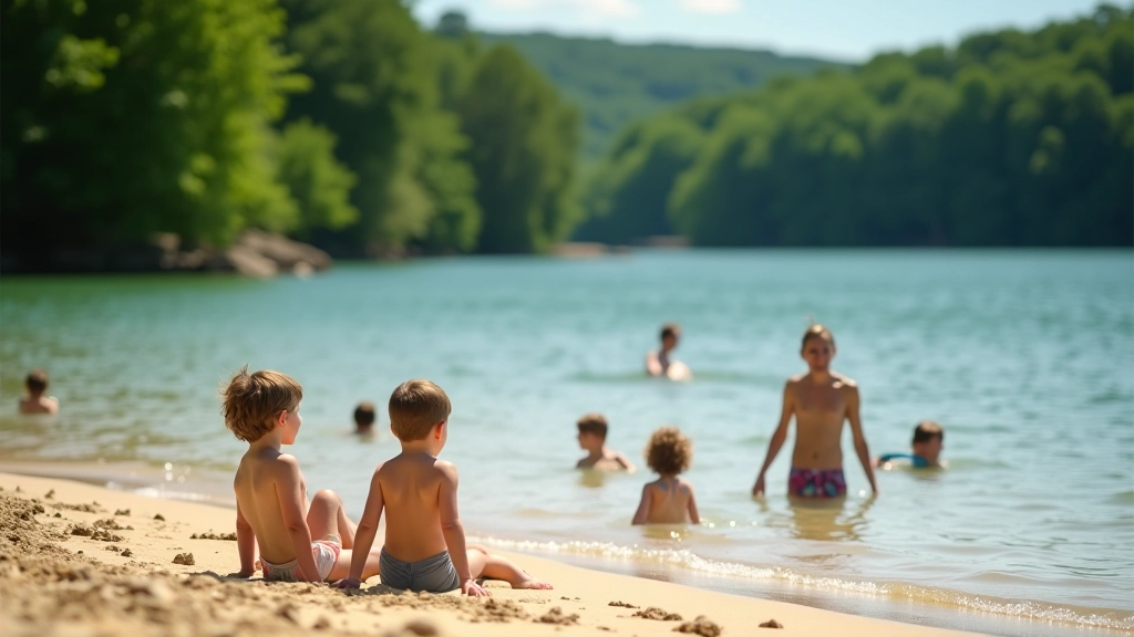 Group of people relaxing on sandy beach area by lake, some swimming, children playing, summer day with green forest backdrop