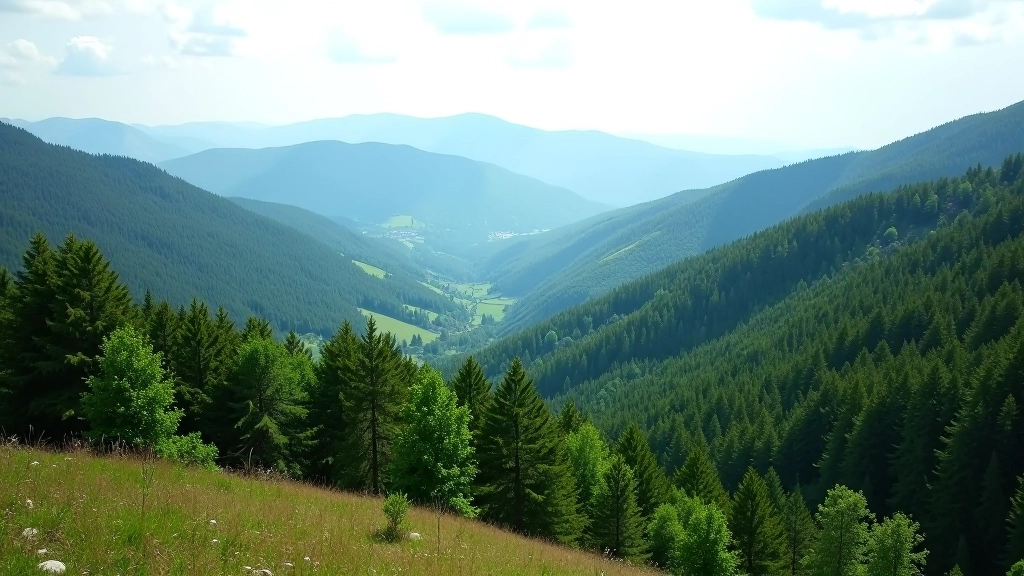 Mountain landscape view of Šumava wilderness with rolling forested hills and valleys