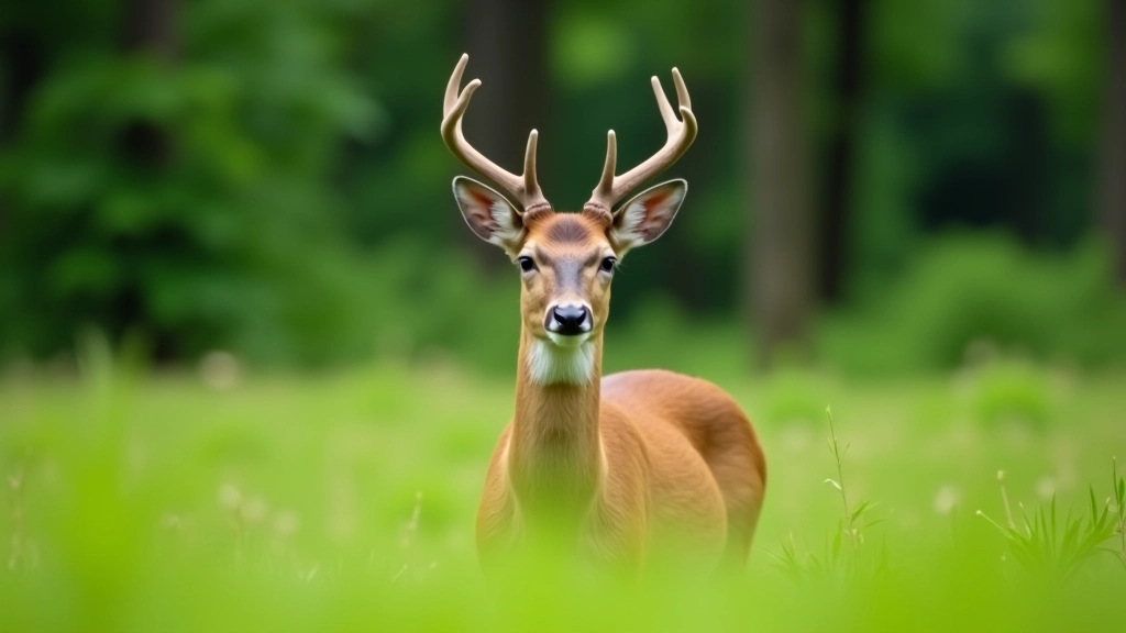 Deer grazing in natural meadow clearing surrounded by mixed woodland forest landscape
