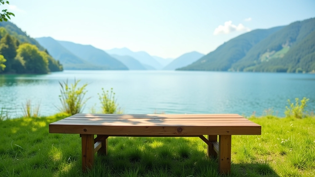 Wooden picnic table on grassy shore overlooking calm lake, sunny afternoon with clear blue sky and distant mountains